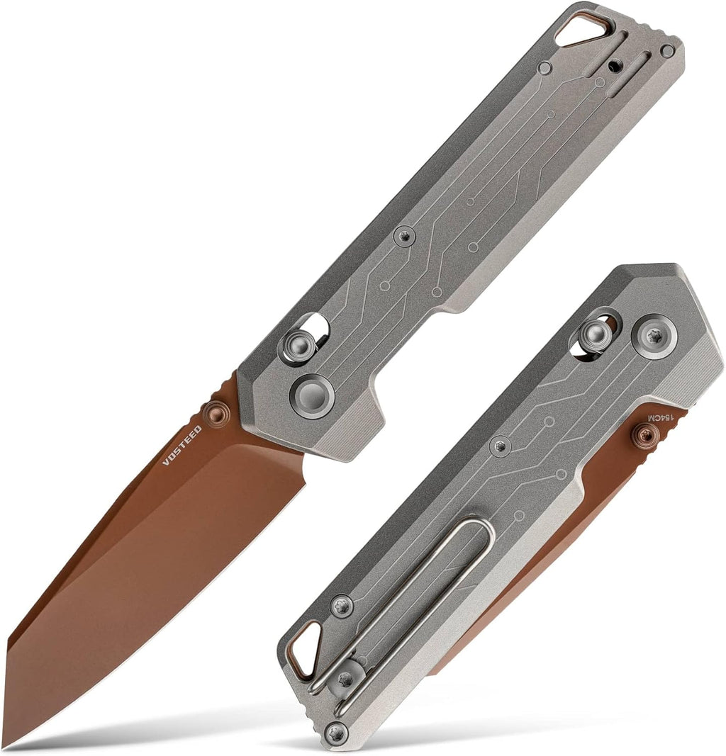 Vosteed Parallel Ultra Thin Folding Pocket Knife - 2.90' 154CM Copper Dune Blade, Reverse Tanto - Crossbar Lock, Circuit Titanium Handle - Outdoors, Camping Knives - A3520