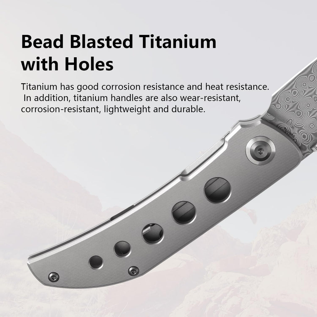 KANSEPT Tarkin Camping Pocket Knives for Men 7.87in Folding Pocket Knives with 3.42in Damascus Material and Bead Blasted Titanium with Holes Handle for Outdoor, Tactical, Survival K1078A5