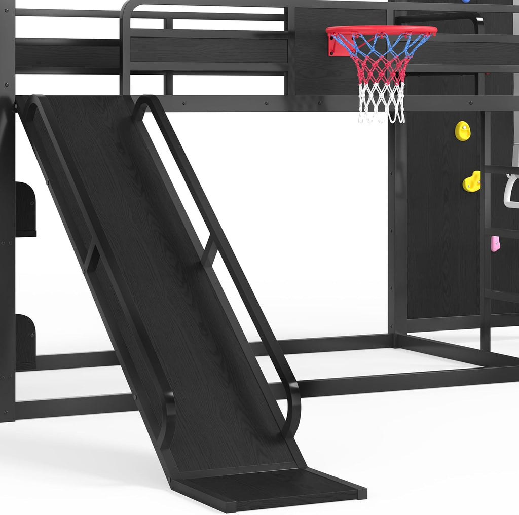 Twin XL Bunk Bed with Slide, Basketball Hoop & Pull-Up Rings, Industrial Style Bunk Bed Frame with Slide, Bookshelf and Climbing Wall, Low Playhouse Loft Bed for Kids, Black
