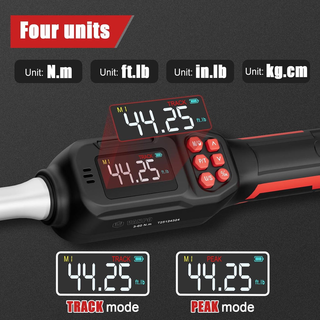 VANPO Adjustable Digital Torque Wrench, 2.2-44.3 Ft.lb/3-60Nm, ±2% Accuracy, HVAC Torque Wrench with Interchangeable 42mm Jaw & 3/8' Ratchet Head, Buzzer and LED Alert for Split AC, Moto
