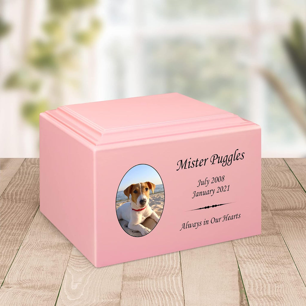 Mainely Urns Stonewood Medium Custom Pet Photo Cremation Urn for Pet Ashes - Engineered Wood Cremation Urn for Dog Ashes or Cat Ashes - 110 Cubic Inch Capacity - Customization Included (Pink)