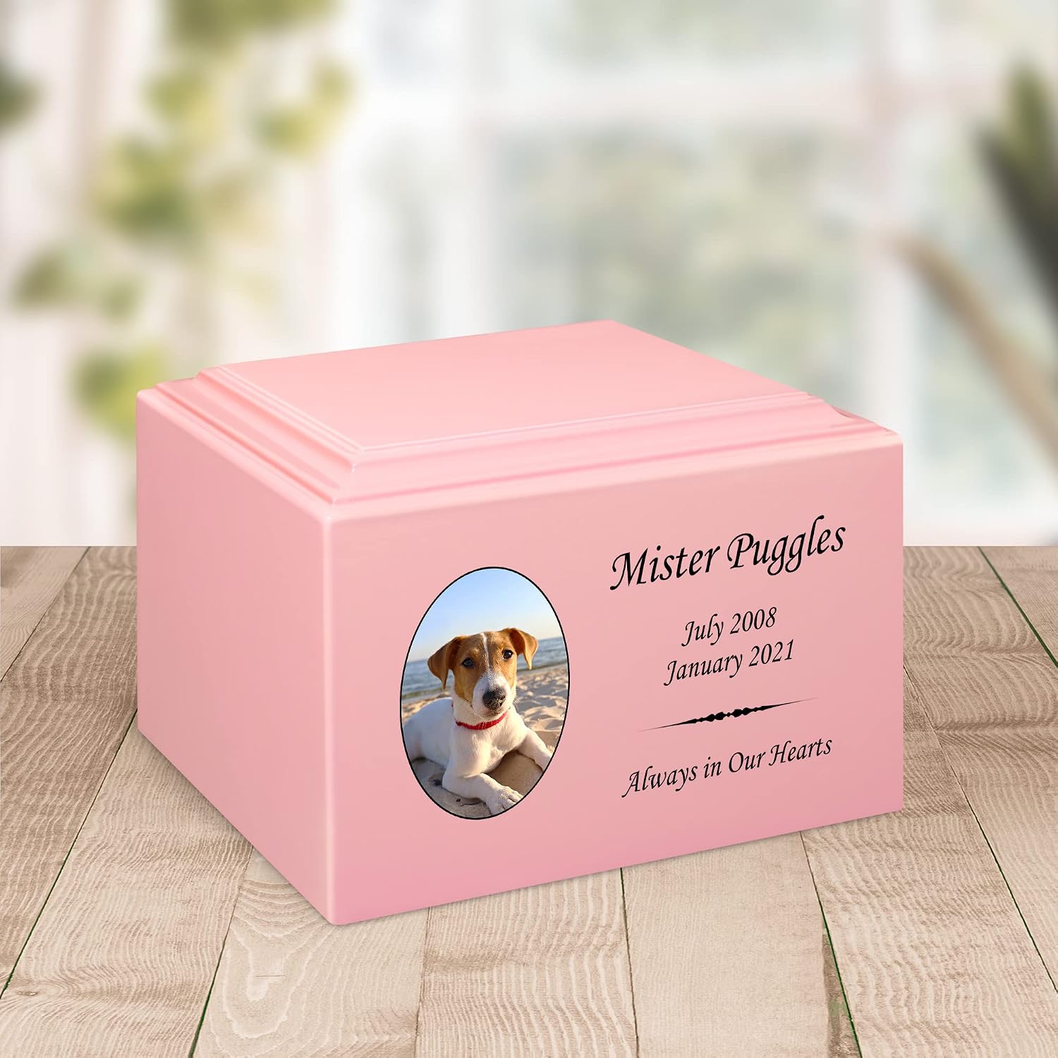 Mainely Urns Stonewood Medium Custom Pet Photo Cremation Urn for Pet Ashes - Engineered Wood Cremation Urn for Dog Ashes or Cat Ashes - 110 Cubic Inch Capacity - Customization Included (Pink)