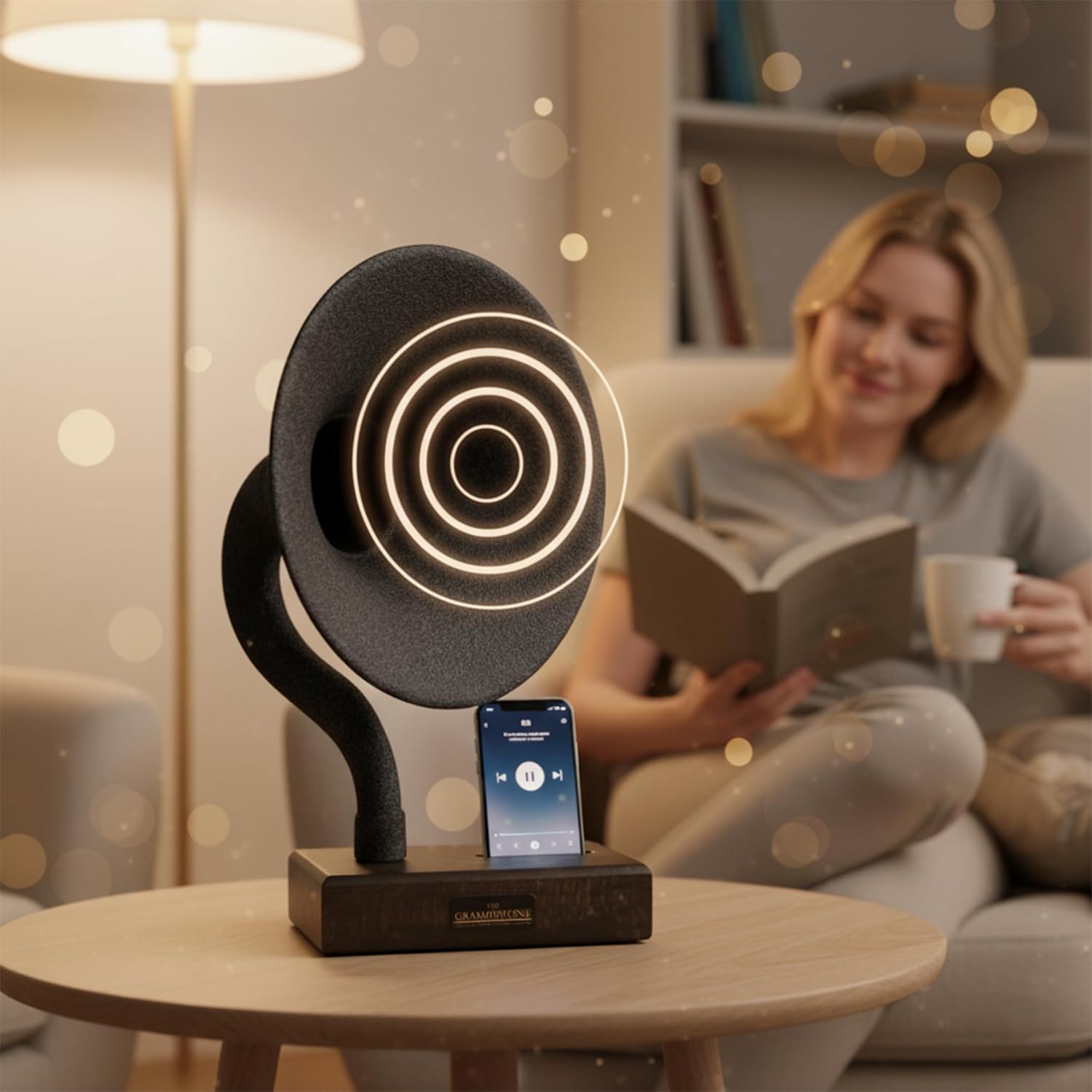 Handmade Acoustic Phone Speaker, Gramophone Phone Amplifier, Vintage Passive Speaker for Home Decor, Office Furniture Gift, Unique Handmade Smart Phone Dock - 17' Dark Walnut & Aged Carbon