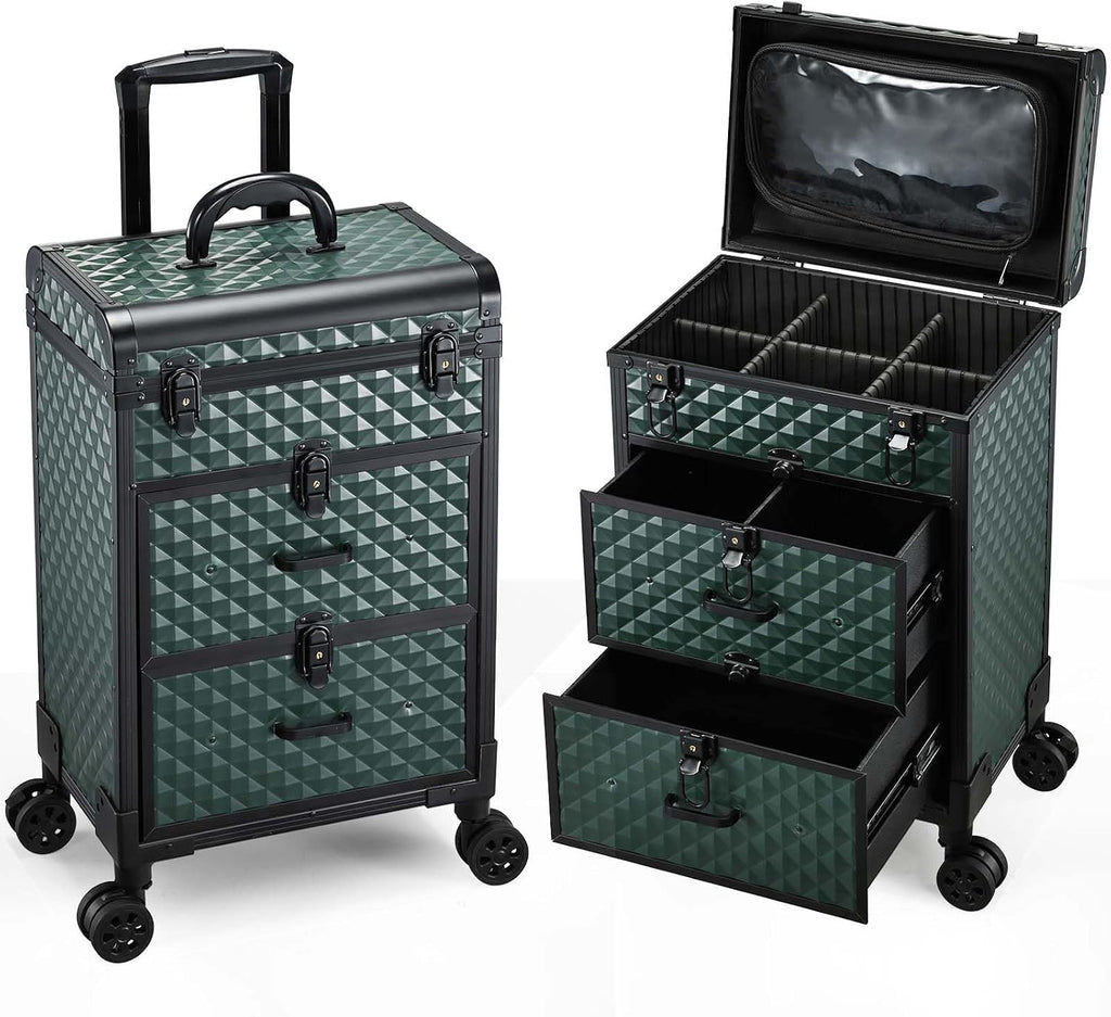 Professional Rolling Makeup Train Case with Drawers, Makeup Case on Wheels, Nail Tech Rolling Cart Storage Organizer Trolley Make up Case for Travel Makeup/Nail Art/Hair Styling, Dark Green
