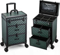 Professional Rolling Makeup Train Case with Drawers, Makeup Case on Wheels, Nail Tech Rolling Cart Storage Organizer Trolley Make up Case for Travel Makeup/Nail Art/Hair Styling, Dark Green