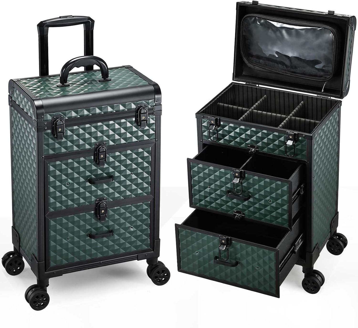 Professional Rolling Makeup Train Case with Drawers, Makeup Case on Wheels, Nail Tech Rolling Cart Storage Organizer Trolley Make up Case for Travel Makeup/Nail Art/Hair Styling, Dark Green