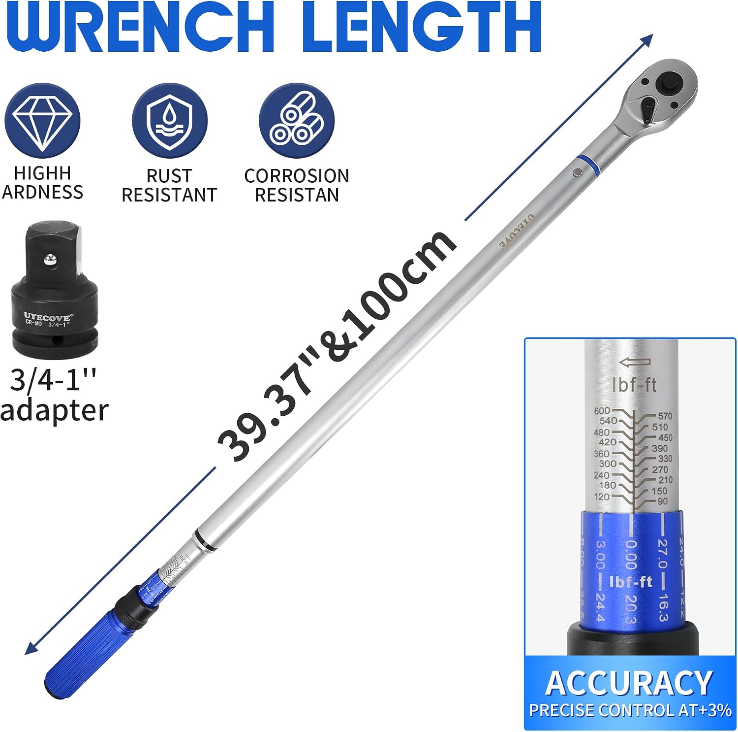 3/4-Inch Drive Click Torque Wrench, Dual-Direction Click Professional Torque Wrench 100-600FT.LB/135-815N.M, Dual Range Scales Graduated in FT.LB and N.M