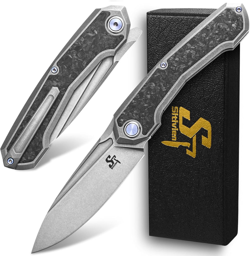 Sitivien ST999 Folding Knife,S35VN Steel Blade with Titanium and Carbon Fiber Handle Frame Lock, EDC Knife with pocket clip for Outdoor Camping Survival Hiking (Gray)