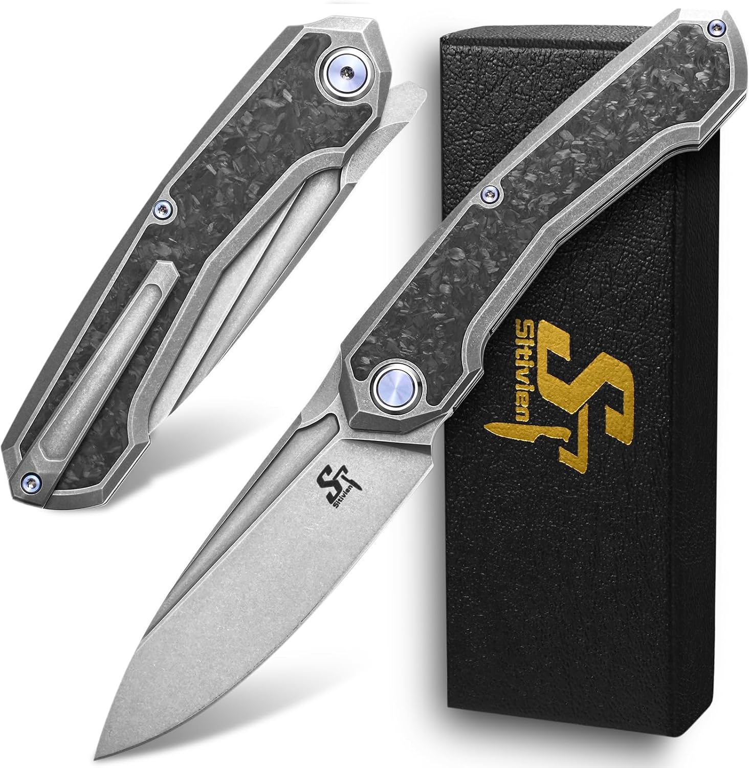 Sitivien ST999 Folding Knife,S35VN Steel Blade with Titanium and Carbon Fiber Handle Frame Lock, EDC Knife with pocket clip for Outdoor Camping Survival Hiking (Gray)