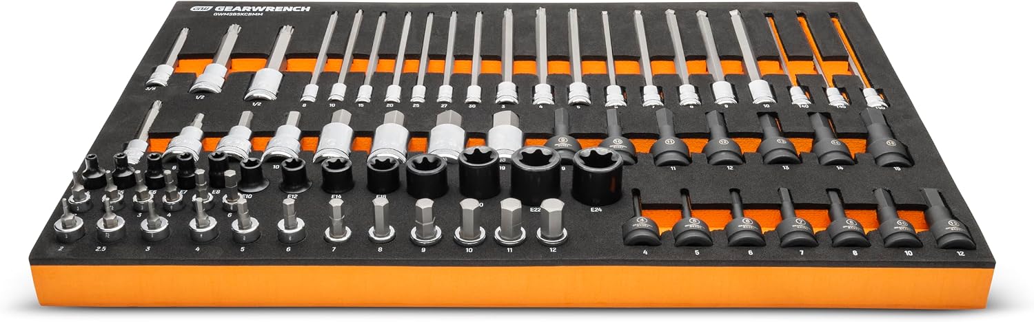 GEARWRENCH 74 Piece 1/4', 3/8', 1/2' Drive Metric Bit Socket Set in Foam Storage Tray - GWMSBSKCBMM