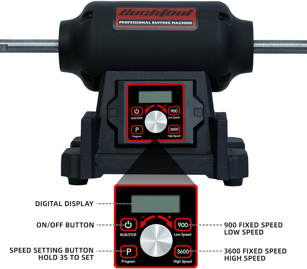 BUCKTOOL 1HP VFD Motor 8-Inch Variable Speed Bench Buffer Polisher, 900-3600 RPM One Button Speed Setting Powerful Benchtop Polisher, Extended Polishing Shaft for Jewelry, Metal Power Bench Grinders