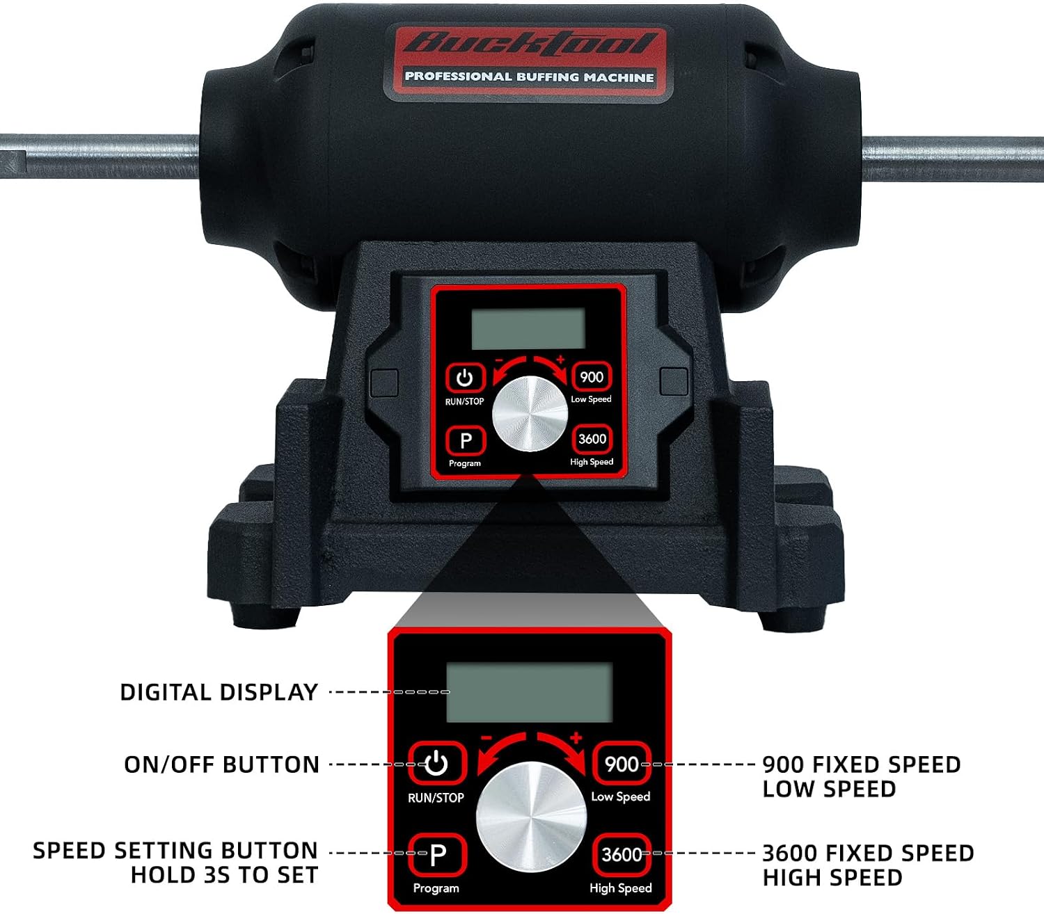 BUCKTOOL 1HP VFD Motor 8-Inch Variable Speed Bench Buffer Polisher, 900-3600 RPM One Button Speed Setting Powerful Benchtop Polisher, Extended Polishing Shaft for Jewelry, Metal Power Bench Grinders