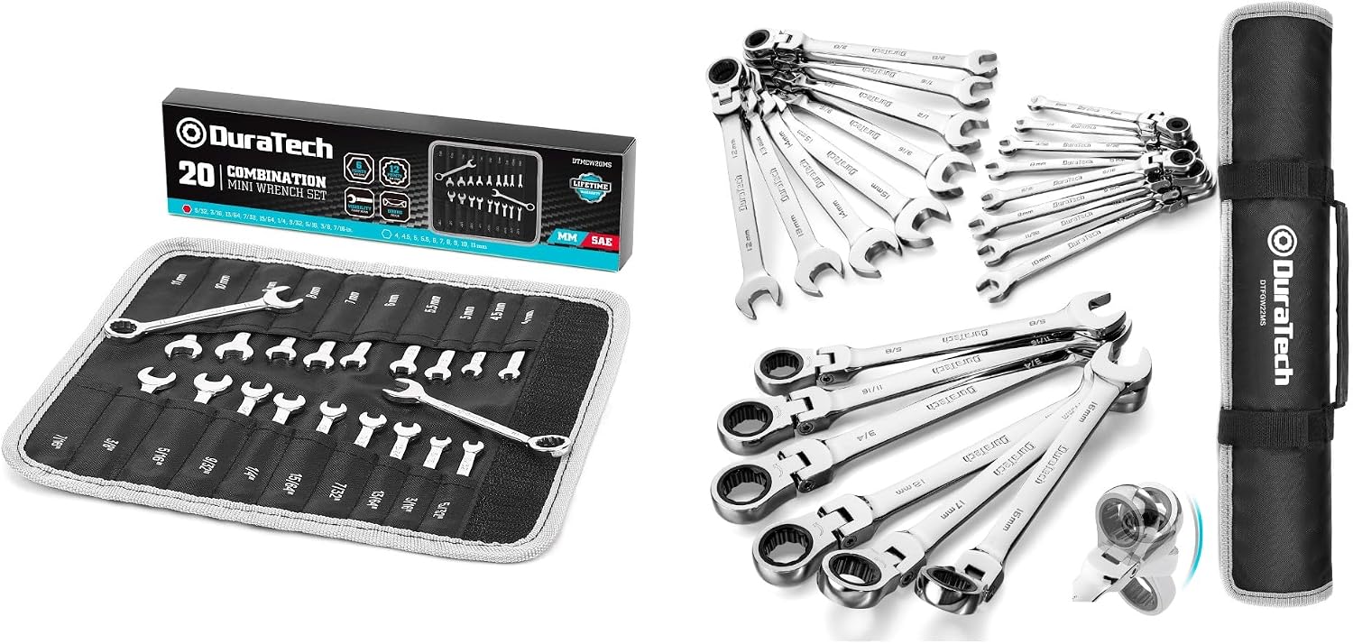 DURATECH Mini Wrench Set, Anti Slip Ratcheting Wrench Set, 42-Piece, Metric & SAE, with Rolling Pouch