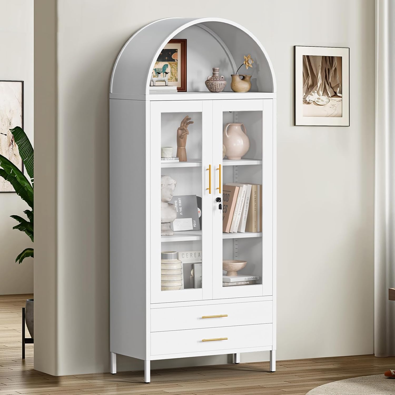 Holiwei Metal Storage Cabinet, 73' Arched Kitchen Pantry Organizer with 2 Drawers & 2 Adjustable Shelves, Freestanding Display Cabinet for Living Room