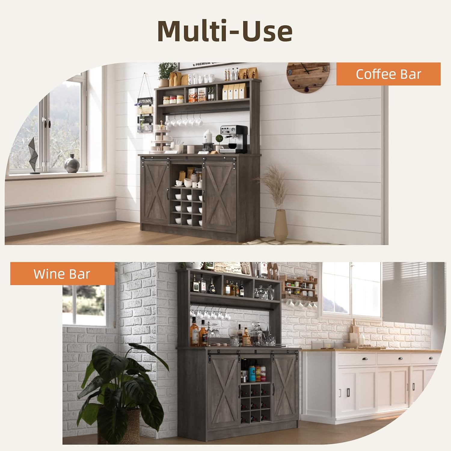 4ever2buy Farmhouse Coffee Bar Cabinet with 3 Storage Hutch, 47' Coffee Bar with Sliding Barn Doors, Hutch Cabinet with 6 Hooks & 9 Wine Racks for Dining Room, Kitchen, Wash Grey