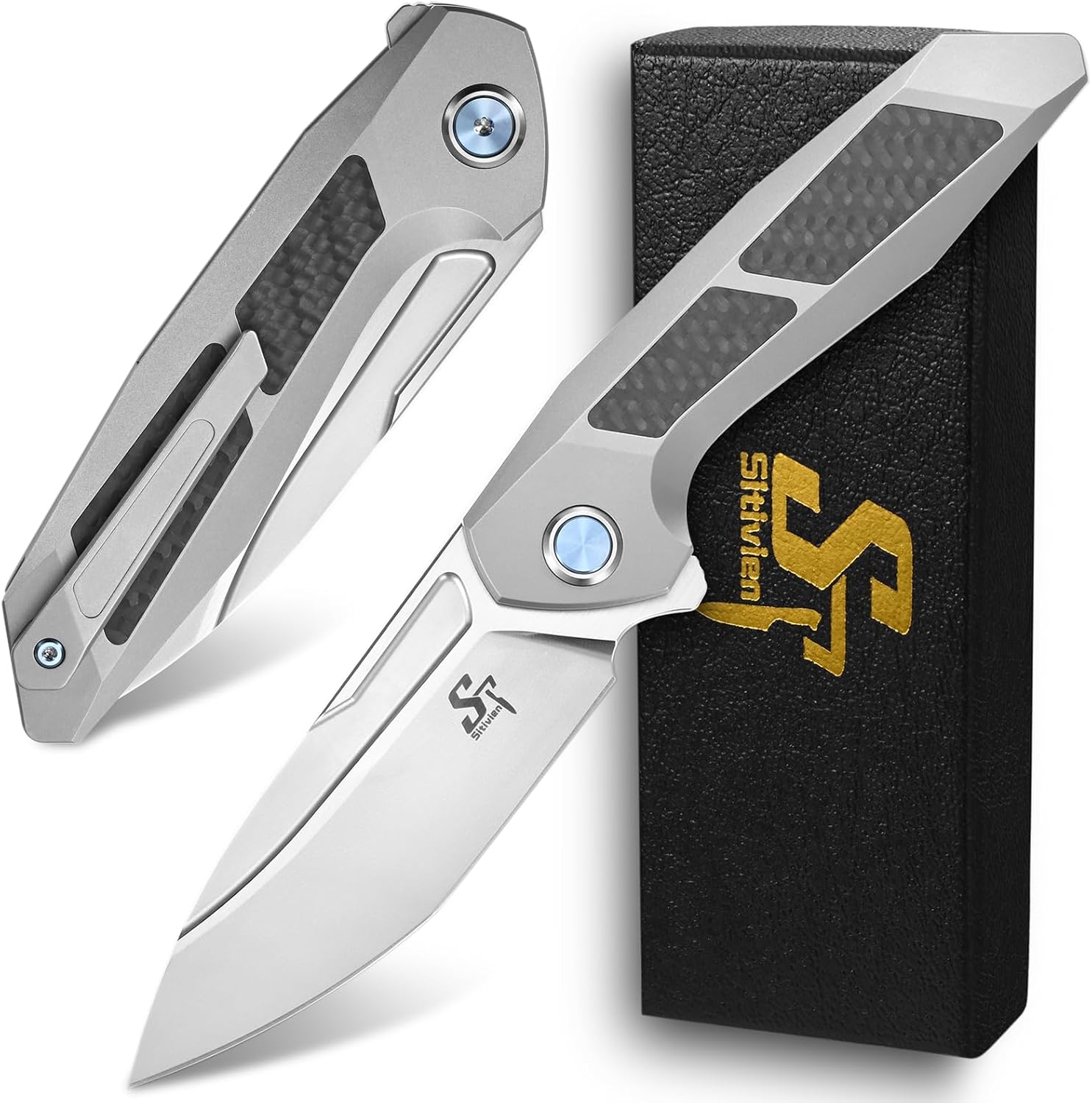 Sitivien ST996 Folding Knife,Handmade M390 Pearlescent Polishing Blade,Titanium & Carbon Fiber Handle Pocket Knife for Outdoor Camping,Hiking,Hunting(Gray)