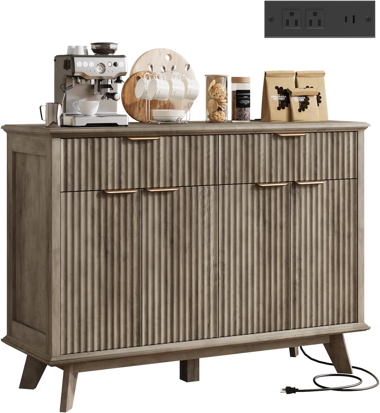 QUW Fluted Buffet Sideboard Cabinet with Storage, 47.2' Kitchen Cabinet with Drawers and Adjustable Shelves, Modern Coffee Bar with Charging Station, for Dining Room, Living Room, Grey