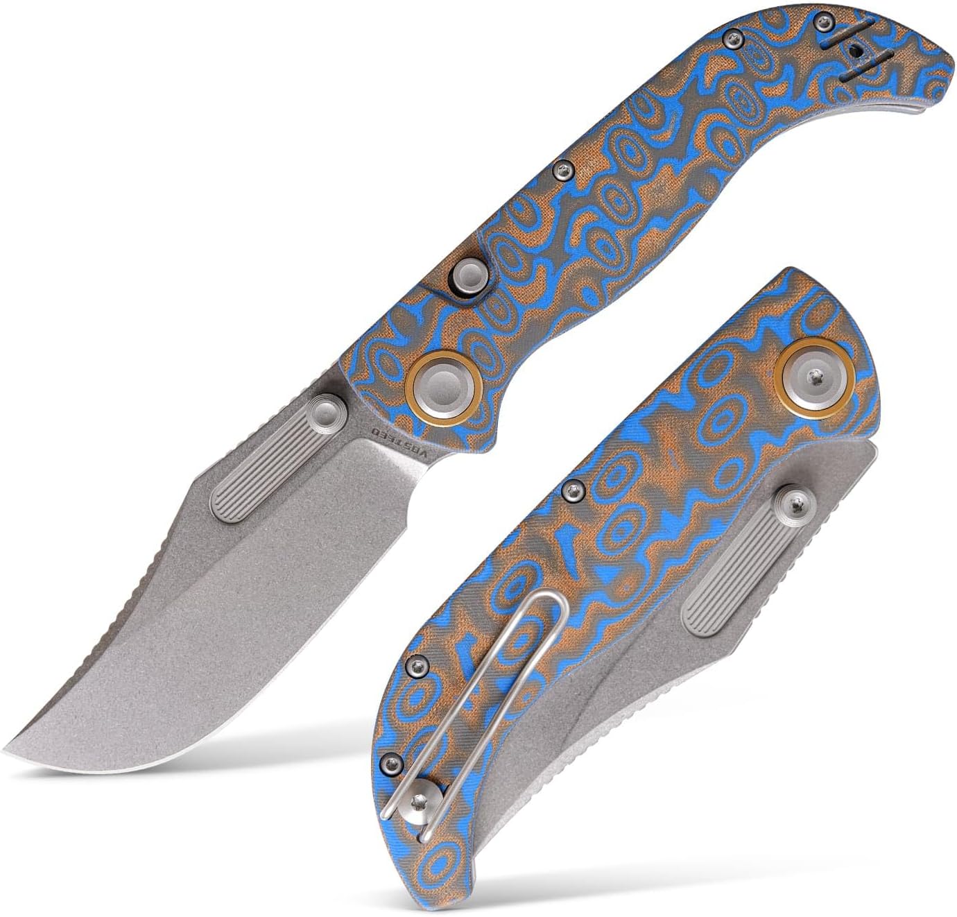 Vosteed Naga EDC Folding Pocket Knife - 3.47' S35VN Stonewash Blade, Clip Point - Top Liner Lock, Blue Ocean Micarta Handle - Camping, Hunting Knives - A3903