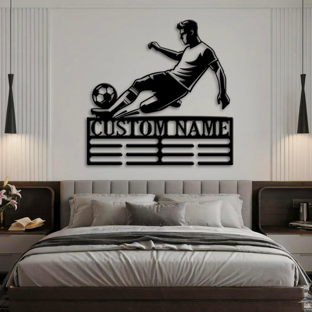 Custom Soccer Medal Holder LED Light, Soccer Player Name Medal Hanger Display, Rack For Tiered Award Ribbon, Metal Sign Gift For Athlete Artwork