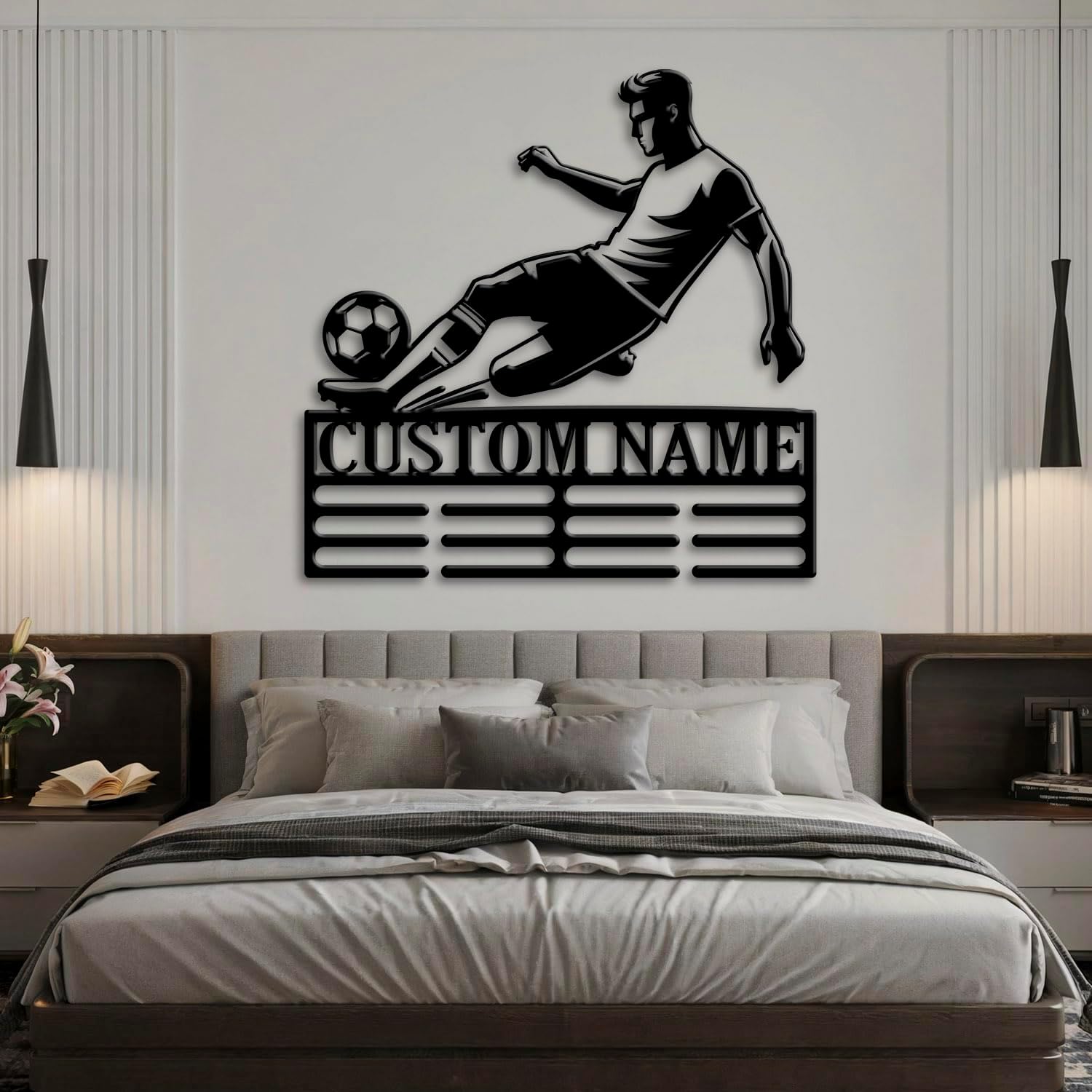Custom Soccer Medal Holder LED Light, Soccer Player Name Medal Hanger Display, Rack For Tiered Award Ribbon, Metal Sign Gift For Athlete Artwork