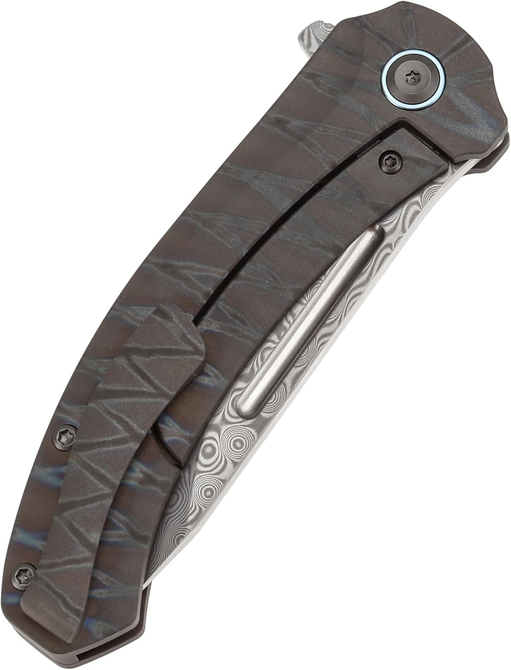 KANSEPT Hira Pocket Knife, 3.46'' Damascus Sharp Steel Blade and Blood groove, Curved Tiger Stripe Flamed Titanium Handle, Secure Frame Lock Folding with Flipper for Edc, Camping Hiking Knives K1090A5
