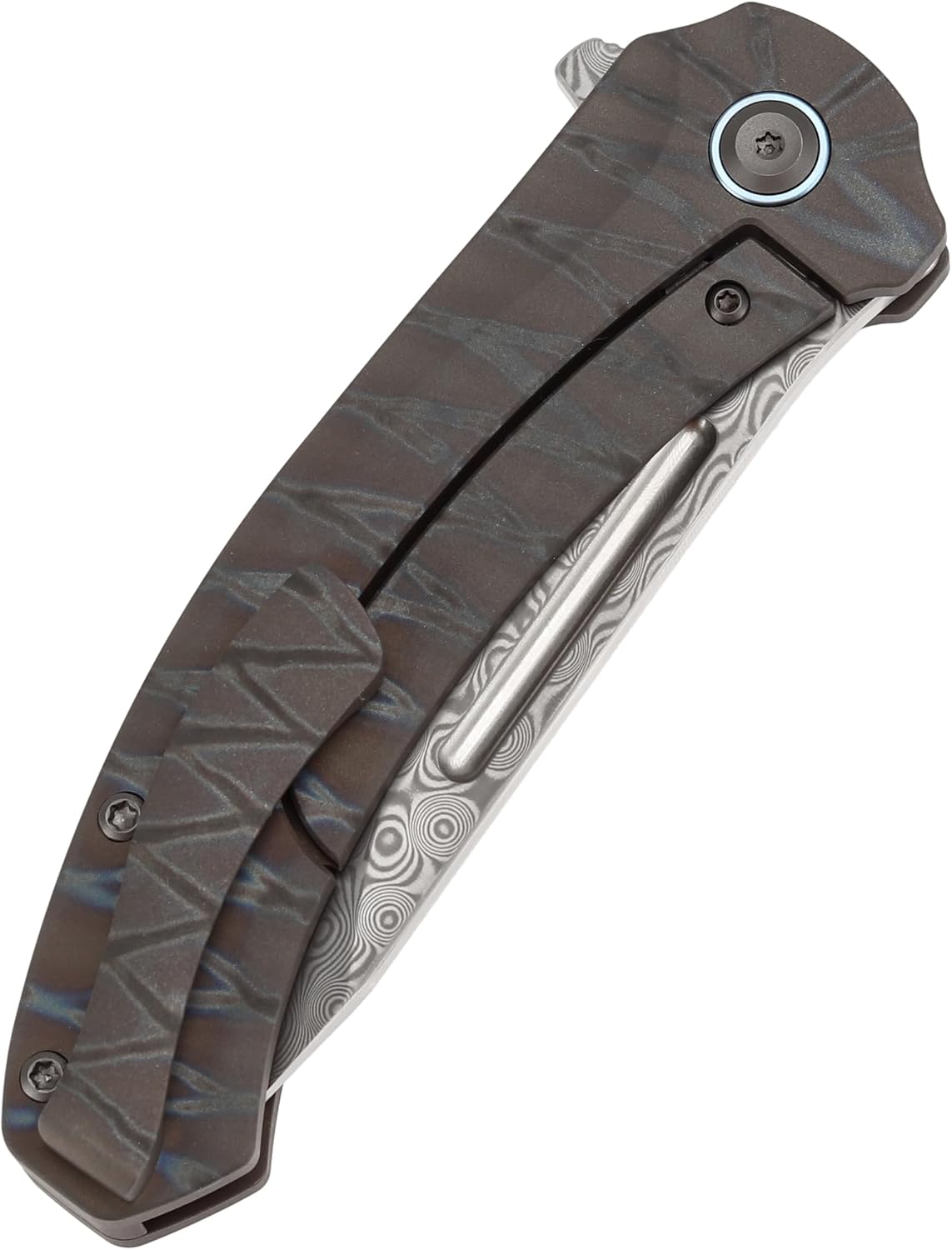 KANSEPT Hira Pocket Knife, 3.46'' Damascus Sharp Steel Blade and Blood groove, Curved Tiger Stripe Flamed Titanium Handle, Secure Frame Lock Folding with Flipper for Edc, Camping Hiking Knives K1090A5