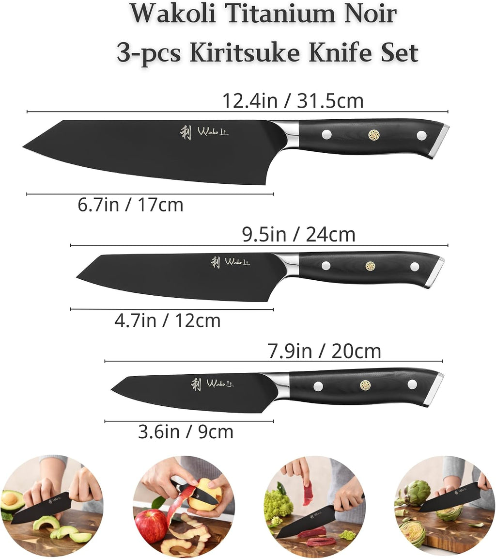 Wakoli Titanium Noir Kitchen Knife Set – 3-Piece Professional Kiritsuke Chef Knife Set | 5Cr15MoV Stainless Steel Blades with Black Titanium Coating | Ergonomic G10 Handles | Wooden Gift Box