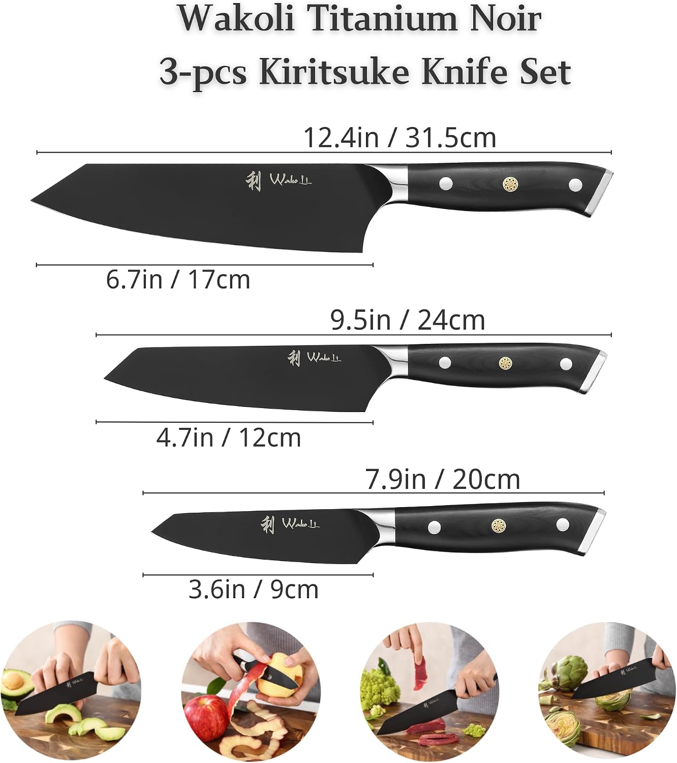 Wakoli Titanium Noir Kitchen Knife Set – 3-Piece Professional Kiritsuke Chef Knife Set | 5Cr15MoV Stainless Steel Blades with Black Titanium Coating | Ergonomic G10 Handles | Wooden Gift Box
