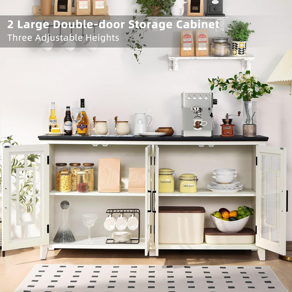 Joaxswe Large Sideboard Buffet Cabinet with Storage, 63' Farmhouse White Kitchen Coffee Wine Bar Cabinet with 4 Glass Doors, Wood Mid Century Modern Side Board Table for Dining Room, Living Room