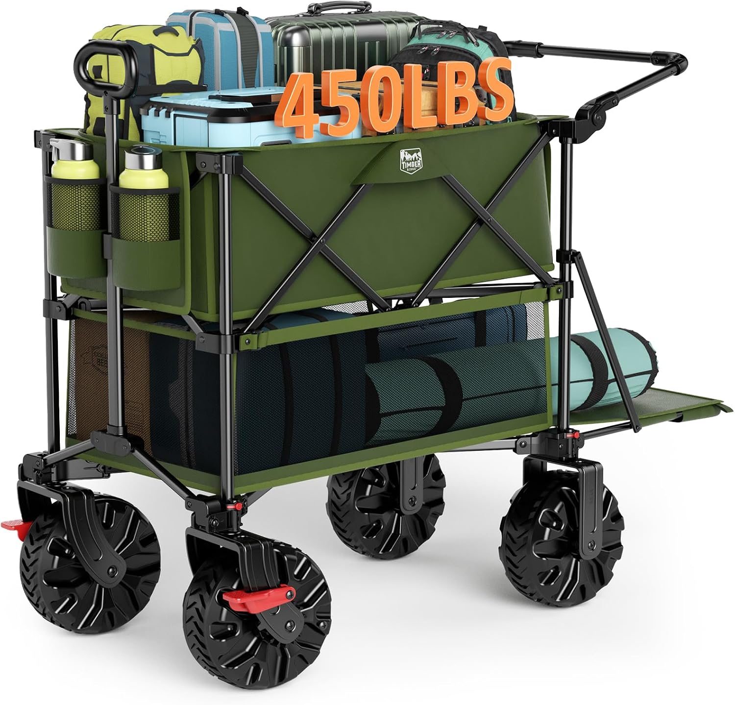 TIMBER RIDGE Push & Pull Double Decker Wagon, 400L Large Capacity Heavy Duty & 450lb Load, Collapsible Cart with All-Terrain Wheels & Brakes, 54' Extended Foldable for Sports, Beach, Camping, Green