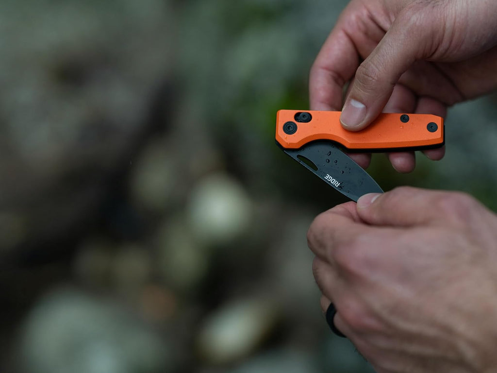 Ridge Everyday Folder Knife - Premium EDC Pocket Knife, Sandvik 14C28N Steel Drop Point Blade with Black DLC Finish, Ceramic Bearings, Deep Carry Clip & Multipurpose Design (Basecamp Orange)