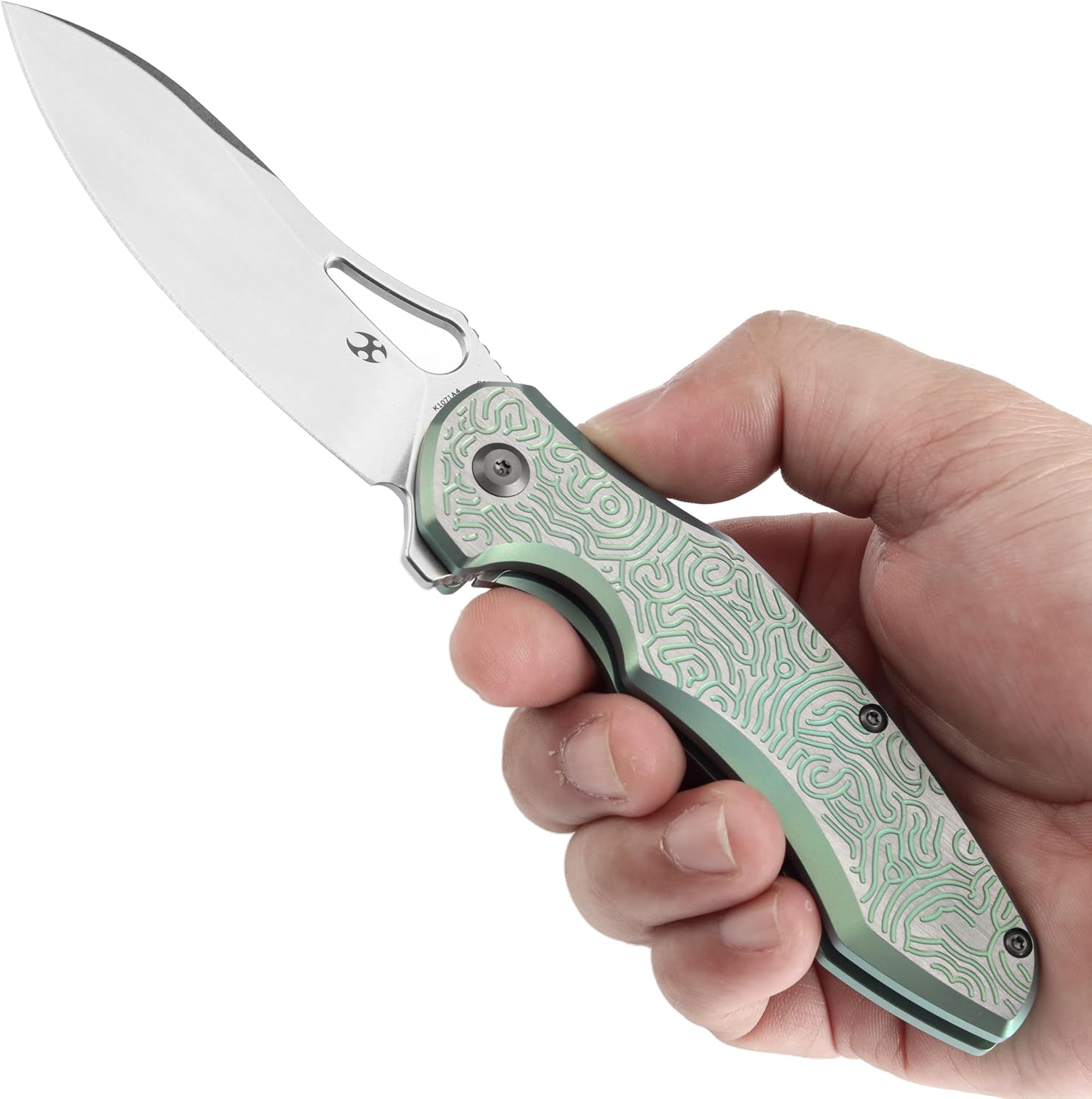 KANSEPT Echis Pocket Folding Knives for Men Women Camping Hiking Folding Knife 3.45'' Stonewashed CPM S35VN Blade Pocket Knife with Green Anodized Textured Titanium Handle Everyday Carry K1071A4