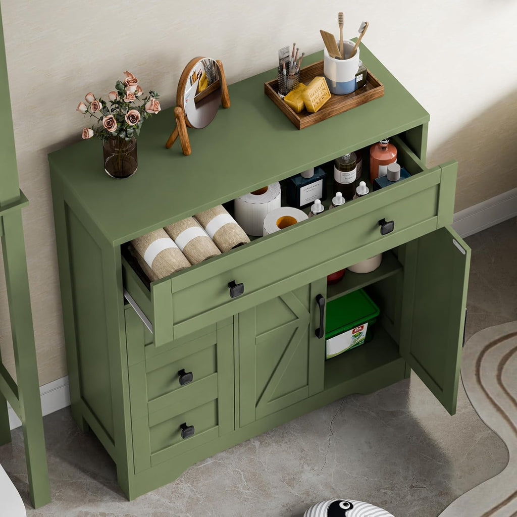 Vabches Farmhouse Storage Cabinet with 2 Doors and 4 Drawers, Freestanding Bathroom Storage Cabinet Kitchen Pantry, Floor Hutch Cupboard for Bathroom/Living Room/Kitchen.Green