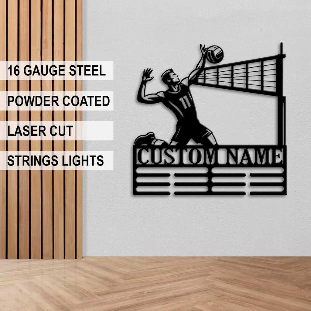 Custom Volleyball Medal Holder LED Light, Volleyball Player Name Medal Hanger Display, Rack For Tiered Award Ribbon, Metal Sign Gift For Athlete Artwork