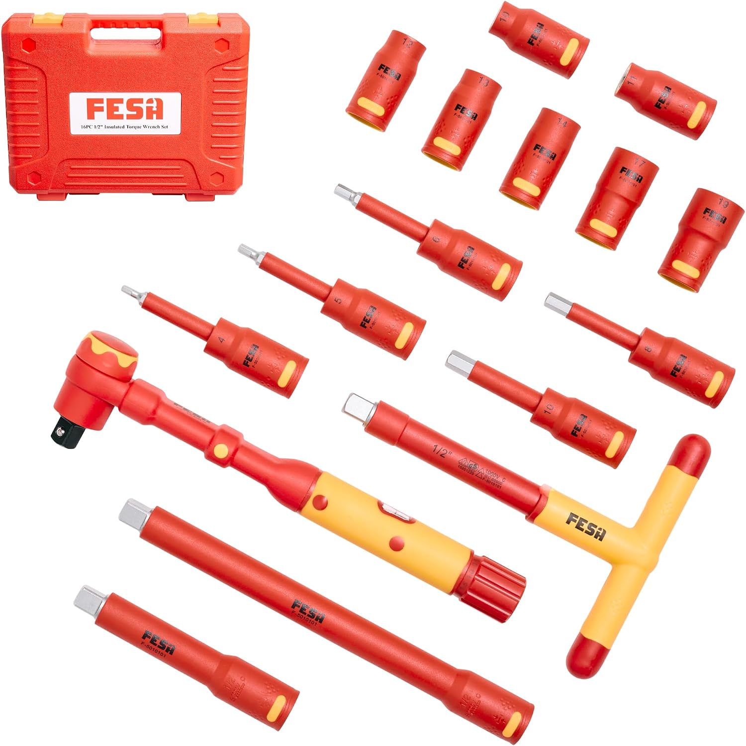 FESA Insulated Torque Socket Set - 16-Piece 1000V Insulated Tool Set w/ 1/2' Drive Insulated Torque Wrench (10-50 Nm), 7 Metric Sockets, 5 Hex Bit Sockets, 2 Extension Bars, T-Handle & Protective Case