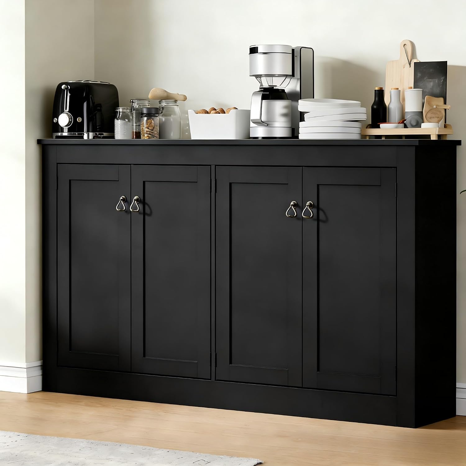 Cozy Castle Buffet Cabinet with Storage - Kitchen Storage Cabinet Wood Console Table Coffee Bar Accent Cabinets for Living Room Dining Room Entryway Black 57.5' W