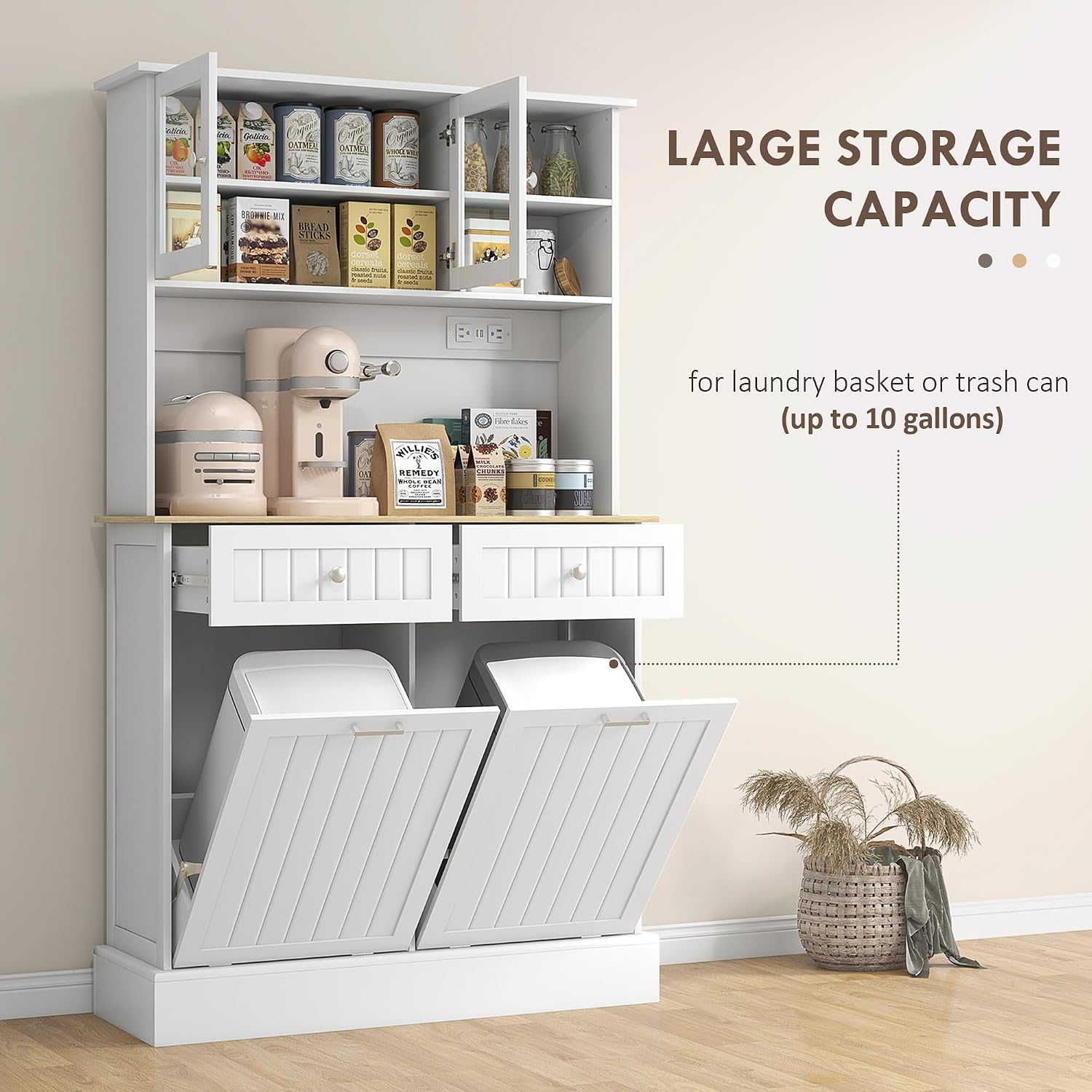 68' Charging Station Freestanding Storage Cabinet, Kitchen Storage Bakers Rack with Tilt-Out Trash Cabinets, Utility Food Cupboard with Adjustable Shelf for Kitchen Living Spaces, White