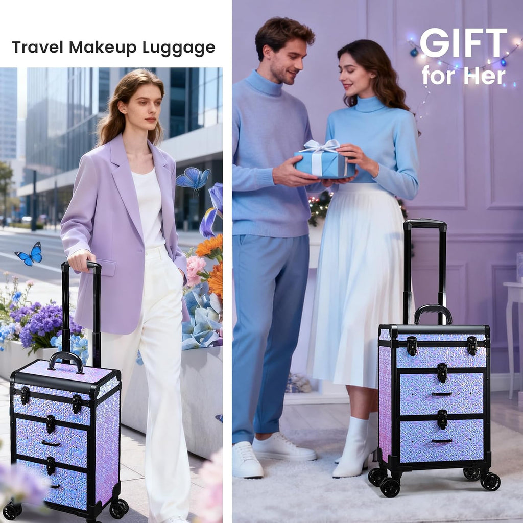 Professional Rolling Makeup Train Case with Drawers, Large Cosmetic Trolley with Locks, Cosmetics Storage Organizer Make up Case for Travel Makeup/Nail Art/Hair Styling, Shiny Pink