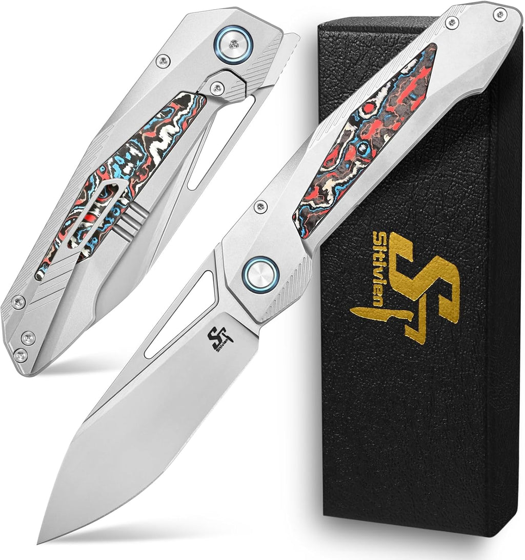 Sitivien ST666 Folding Knife,Handmade M390 Pearlescent Polishing Blade,Titanium & Colorful Carbon Fiber Handle Pocket Knife EDC Tool Knifes for Outdoor Camping,Hiking,Hunting(Color)