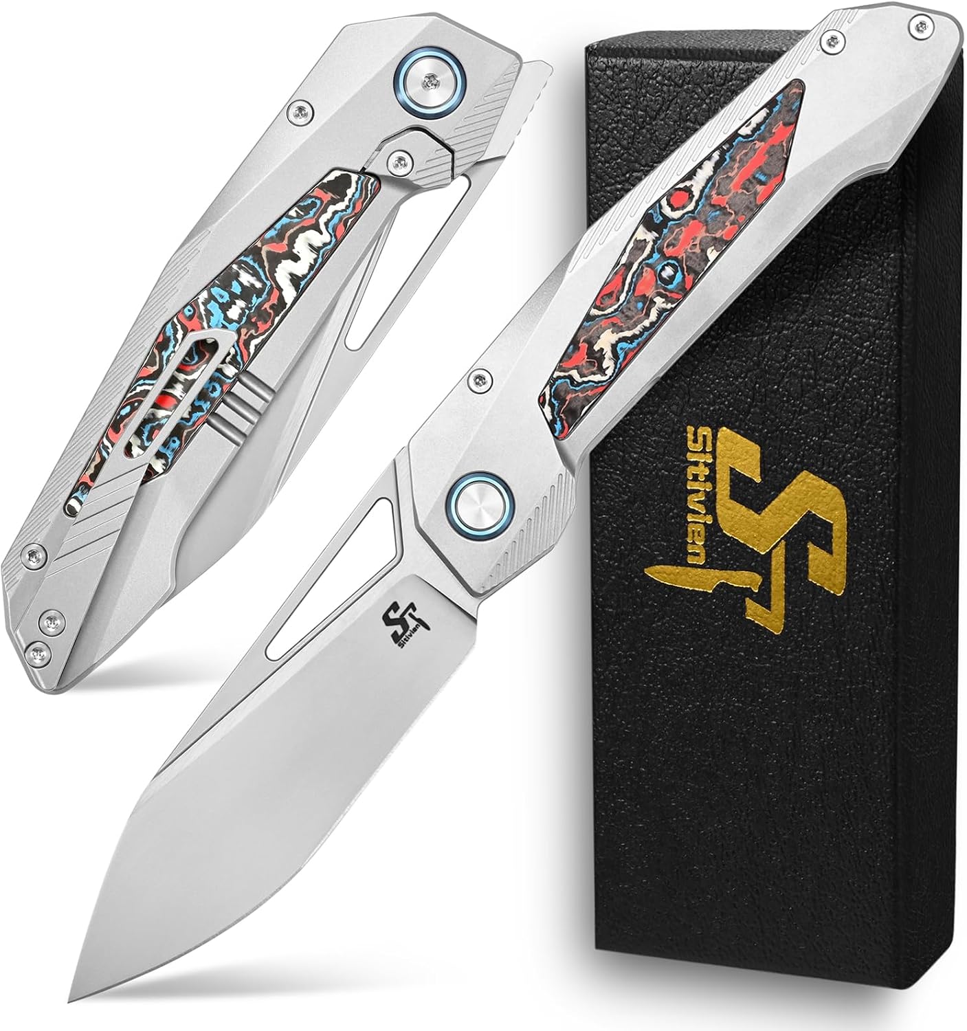 Sitivien ST666 Folding Knife,Handmade M390 Pearlescent Polishing Blade,Titanium & Colorful Carbon Fiber Handle Pocket Knife EDC Tool Knifes for Outdoor Camping,Hiking,Hunting(Color)