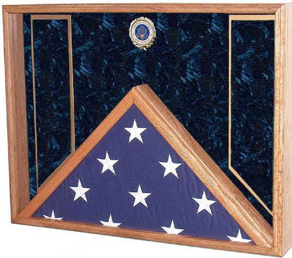 Military Flag and Medal Display Case - Shadow Box - for 5x9.5 Burial / Coffin Flag (USAF Emblem / Blue Velvet)