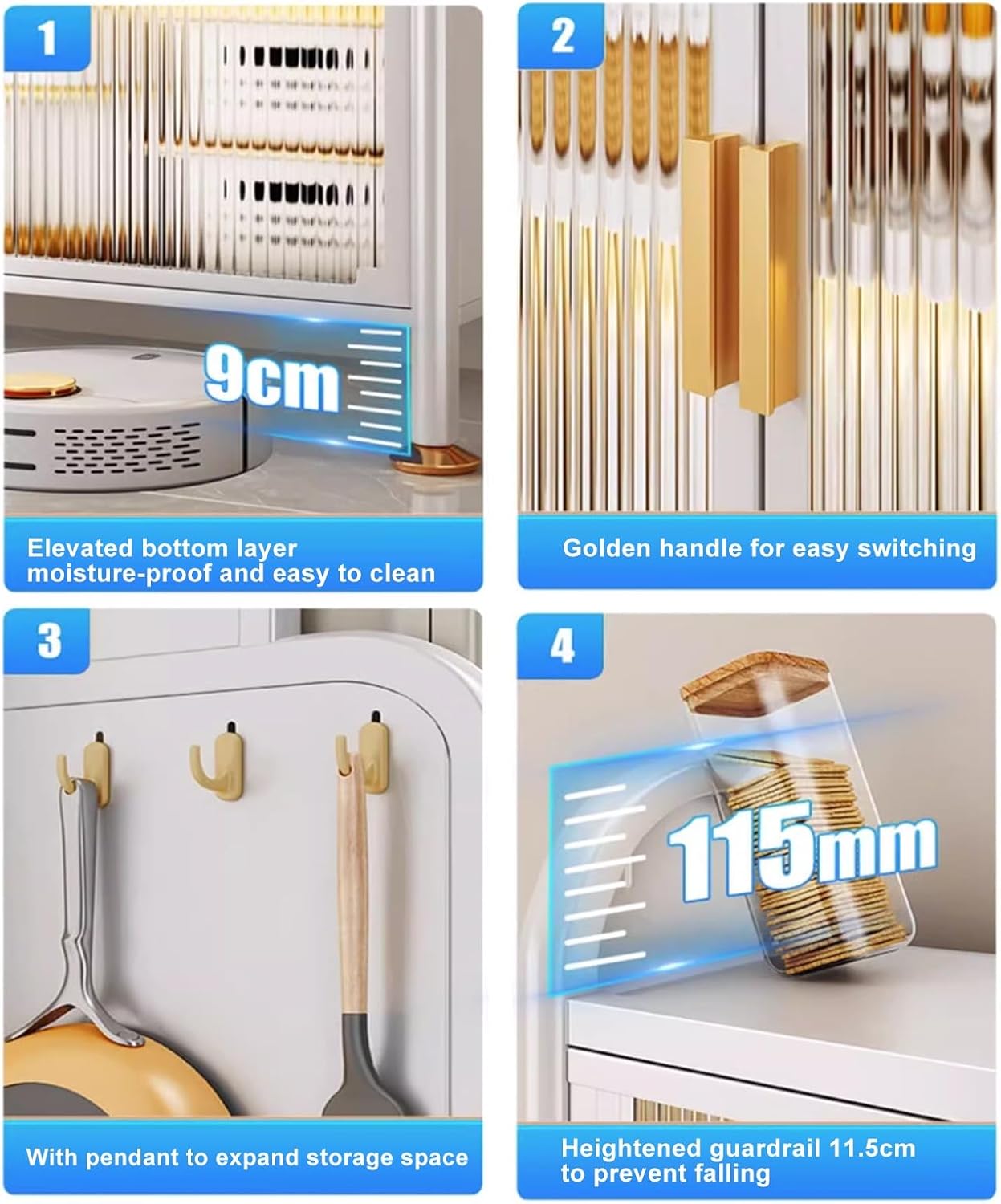 5-Tier Kitchen Baker's Rack with Drawers, Large Metal Coffee Bar Cabinet, Transparent Flip Door, DIY Backplane, 4 Hooks, White, 70CM - Perfect for Organizing and Displaying Kitchen Essential