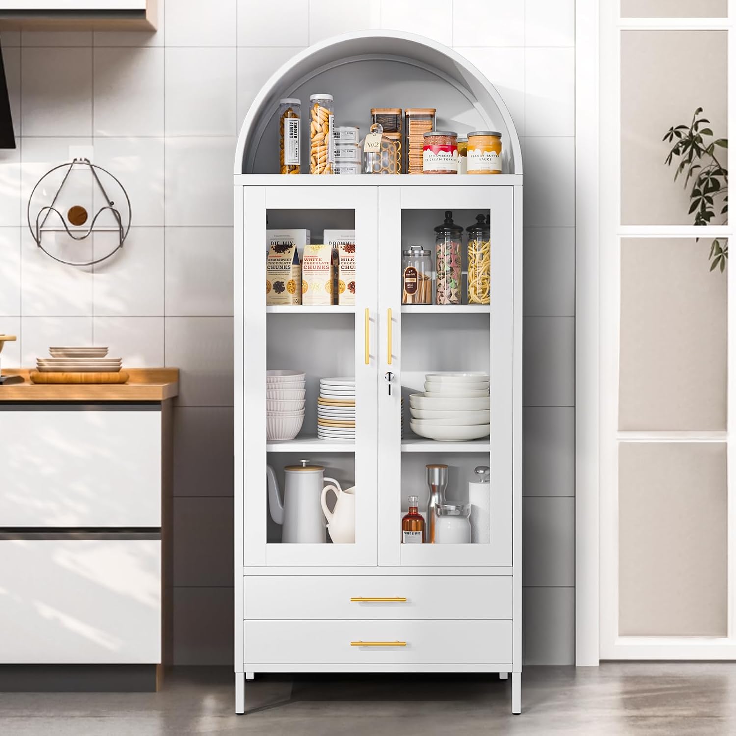 Holiwei Metal Storage Cabinet, 73' Arched Kitchen Pantry Organizer with 2 Drawers & 2 Adjustable Shelves, Freestanding Display Cabinet for Living Room