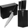 YOUSUNLONG Kitchen Knife Set, 5 Piece | Natural Fraxinus Americana Wood Knife Holder, Ultra Sharp High Carbon Japanese Damascus Steel Blade, Natural Ebony Handle