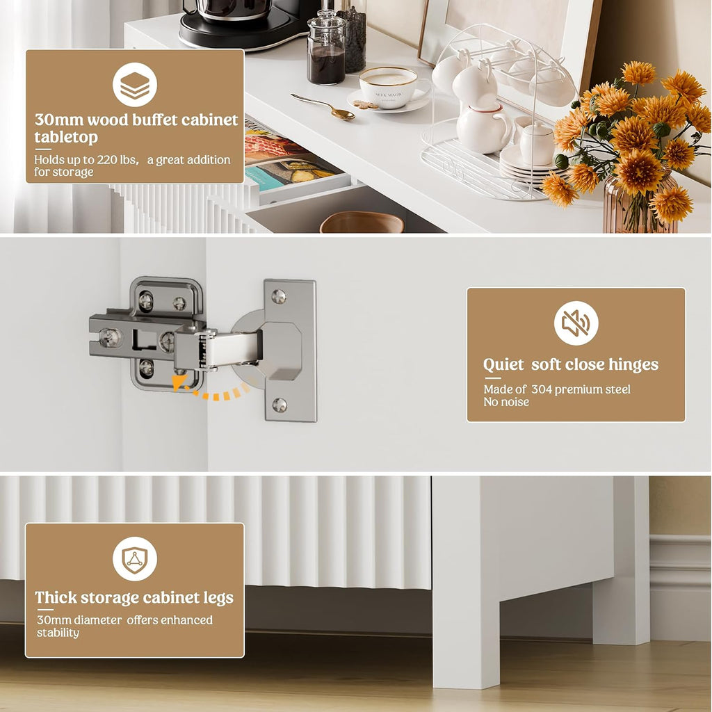 Lulive Fluted Buffet Cabinet with Storage 55 inch Wood Large Sideboard with Adjustable Shelves for Entryway Kitchen Living Room, White