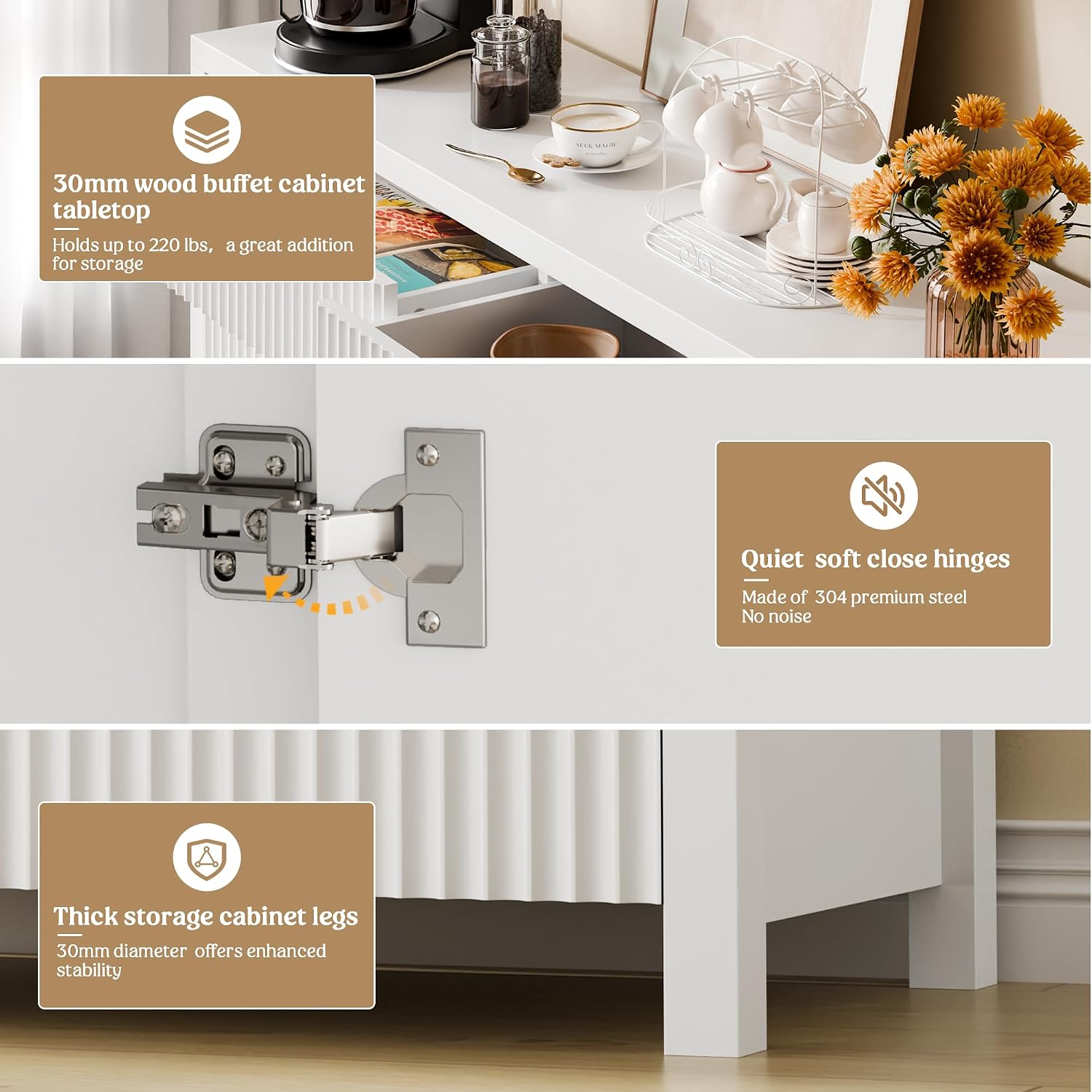 Lulive Fluted Buffet Cabinet with Storage 55 inch Wood Large Sideboard with Adjustable Shelves for Entryway Kitchen Living Room, White
