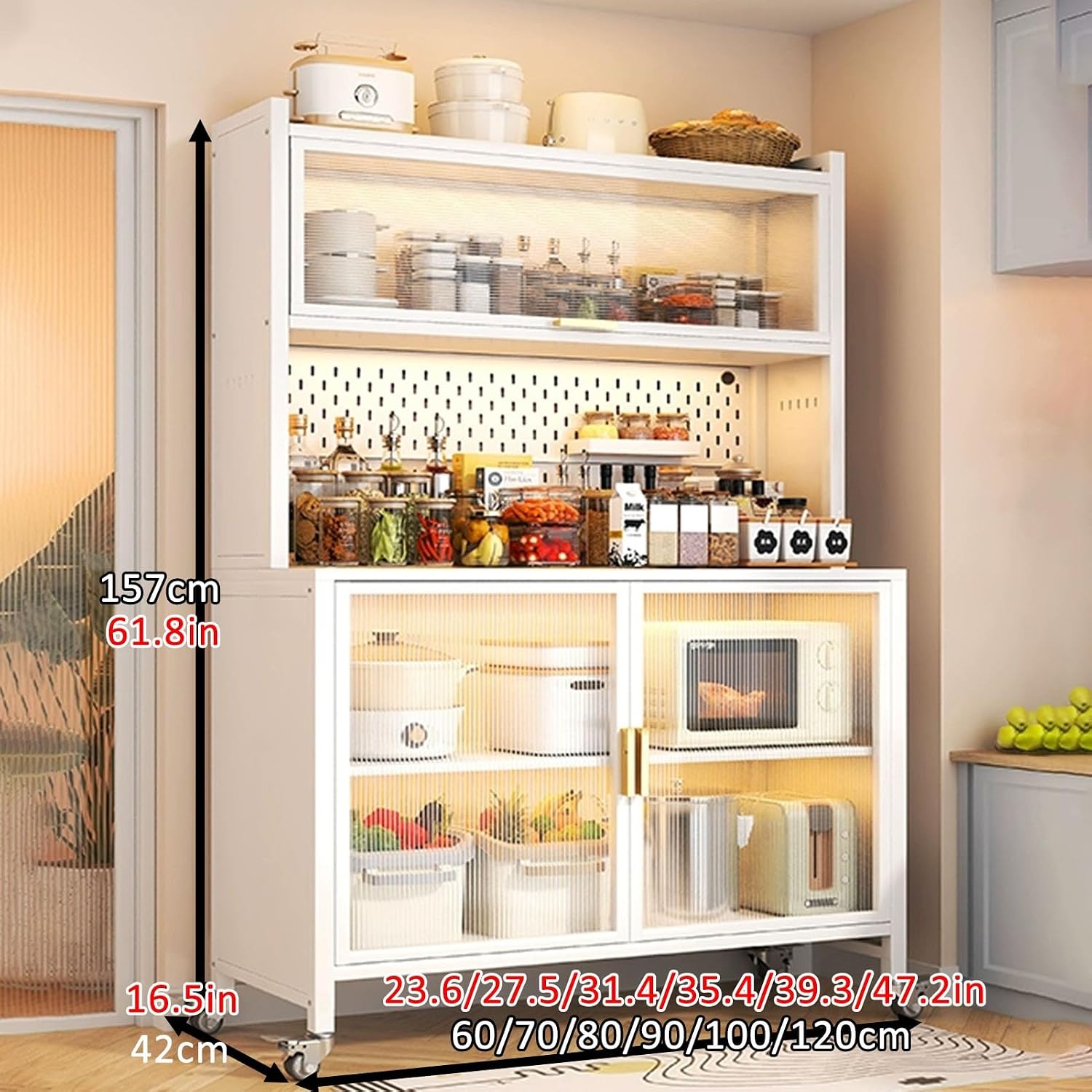 JKGHK Rolling Kitchen Bakers Rack on Wheels, Storage Sideboard Cabinet for Kitchens with Clear Doors and Adjustable Shelves, Microwave Oven Shelf Cabinet for Home, Office(White,62x24in)