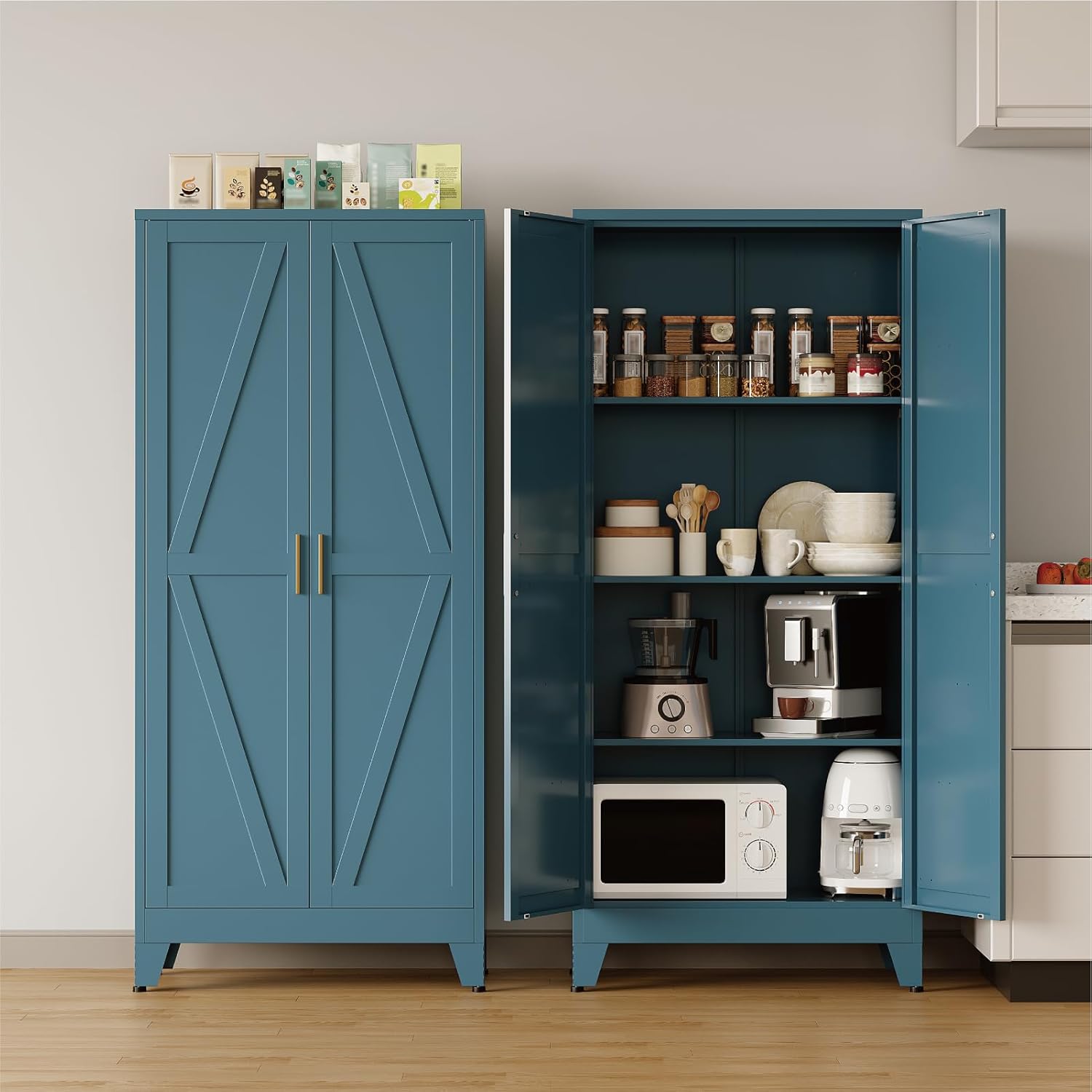 COFaR Metal Pantry Cabinet with Doors, Farmhouse 61'' Tall Storage Cabinet with 3 Adjustable Shelves, Kitchen Pantry Cabinet for Dinning Room, Laundry, Peacock Blue 4-Tier