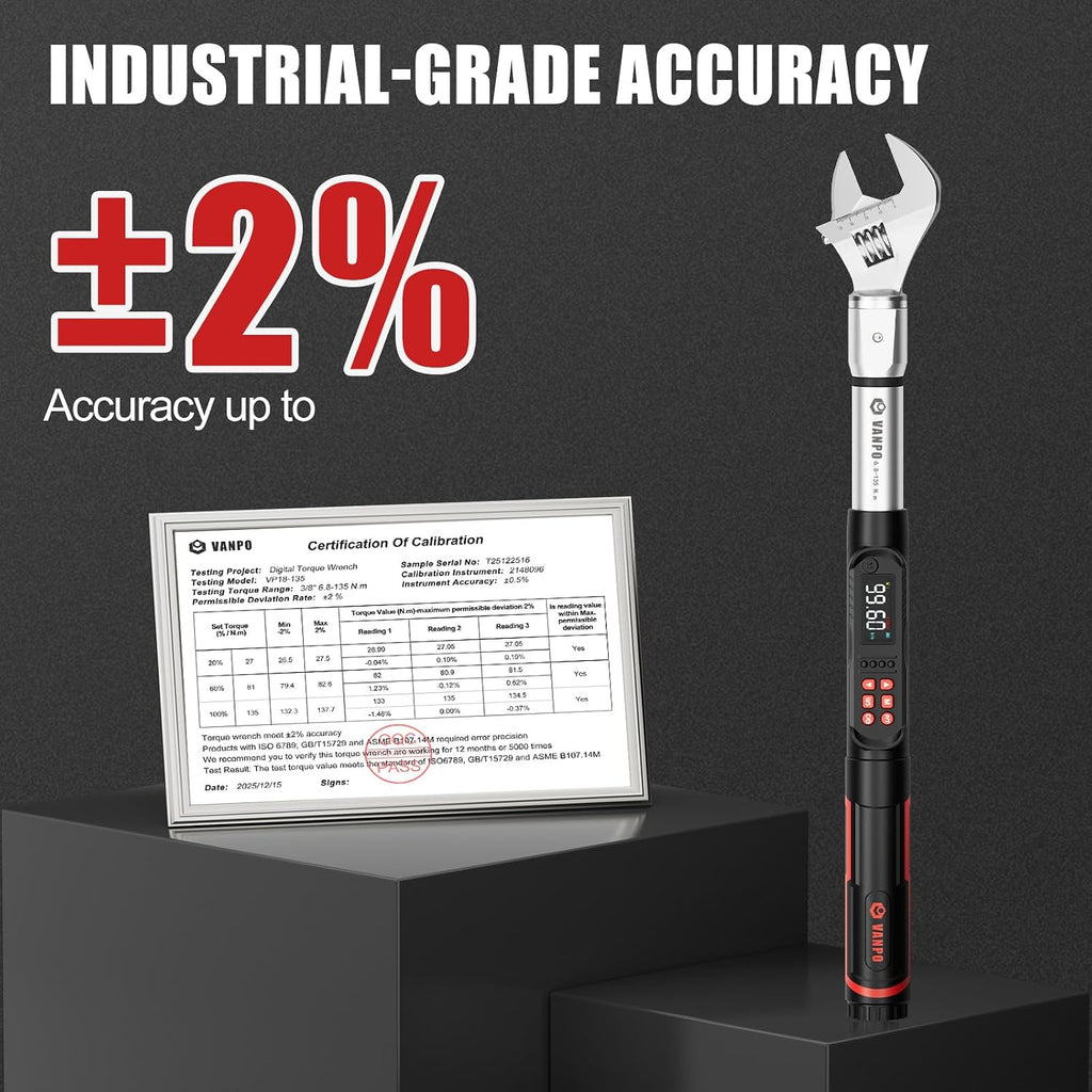VANPO Adjustable Digital Torque Wrench, 5-99.6Ft.lb/6.8-135Nm, ±2% Accuracy, HVAC Torque Wrench with Interchangeable 38mm Jaw & 1/2' Ratchet, Buzzer, Vibration and LED Alert for Split AC, Moto, Car