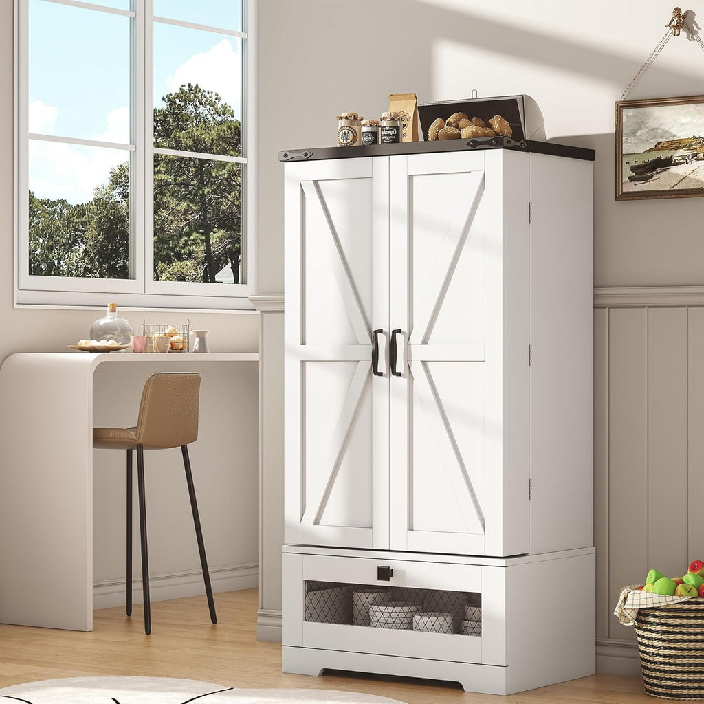 kepptory Farmhouse Pantry Cabinet with Barn Door & Adjustable Shelves, Freestanding Kitchen Storage Cabinet for Dining Room, Bathroom, Hallway (White)